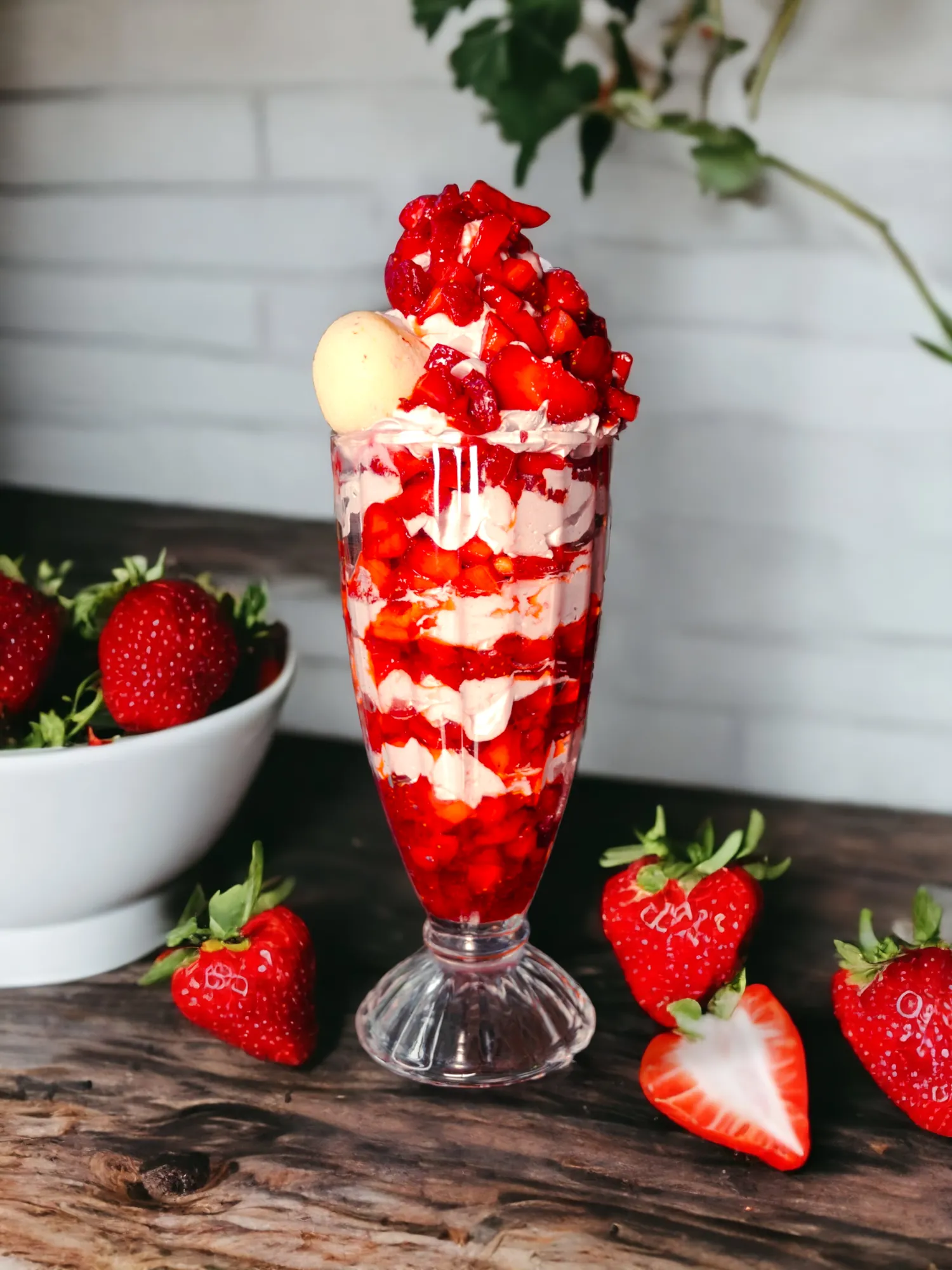 Tall strawberry sundae with whipped cream and chopped strawberries beside fresh strawberries